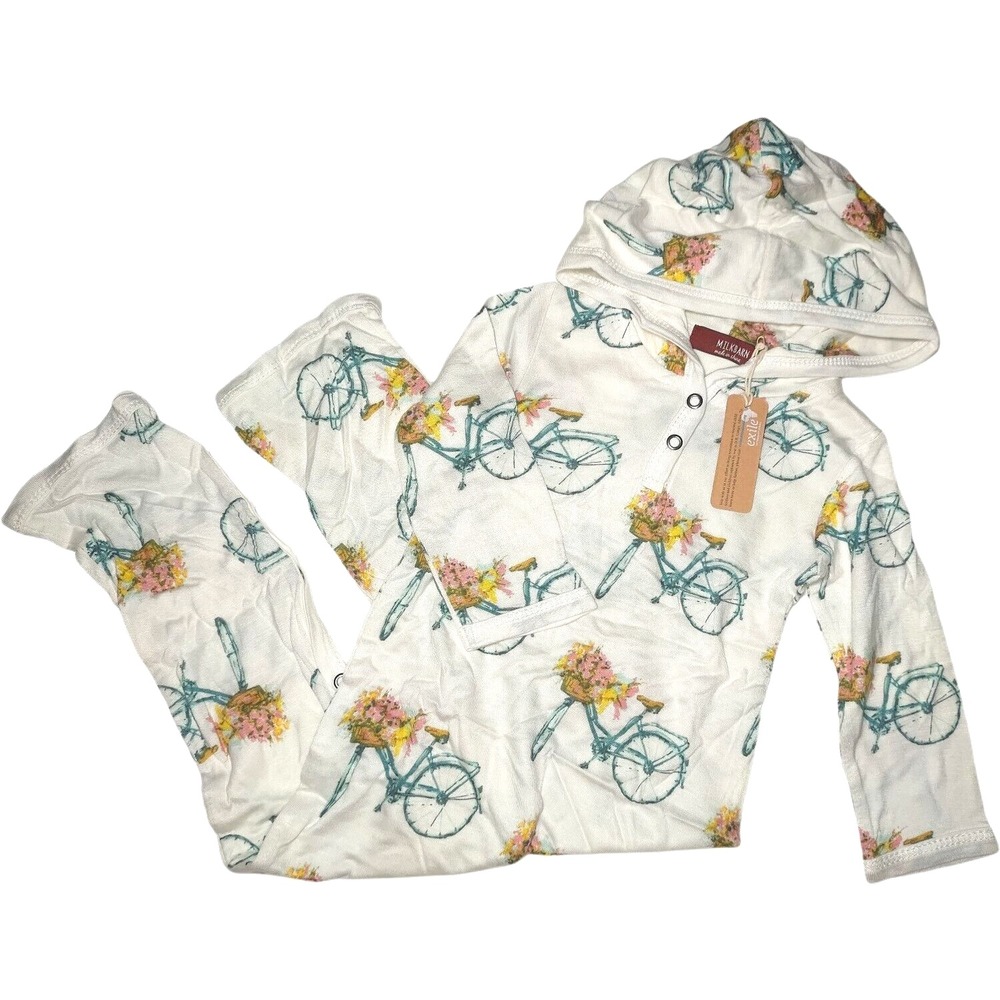 MilkBarn Hooded Romper 6 9 12 Mos Rayon‎ Bamboo Bicycle Bike Outfit Girl Flowers - Picture 2 of 4